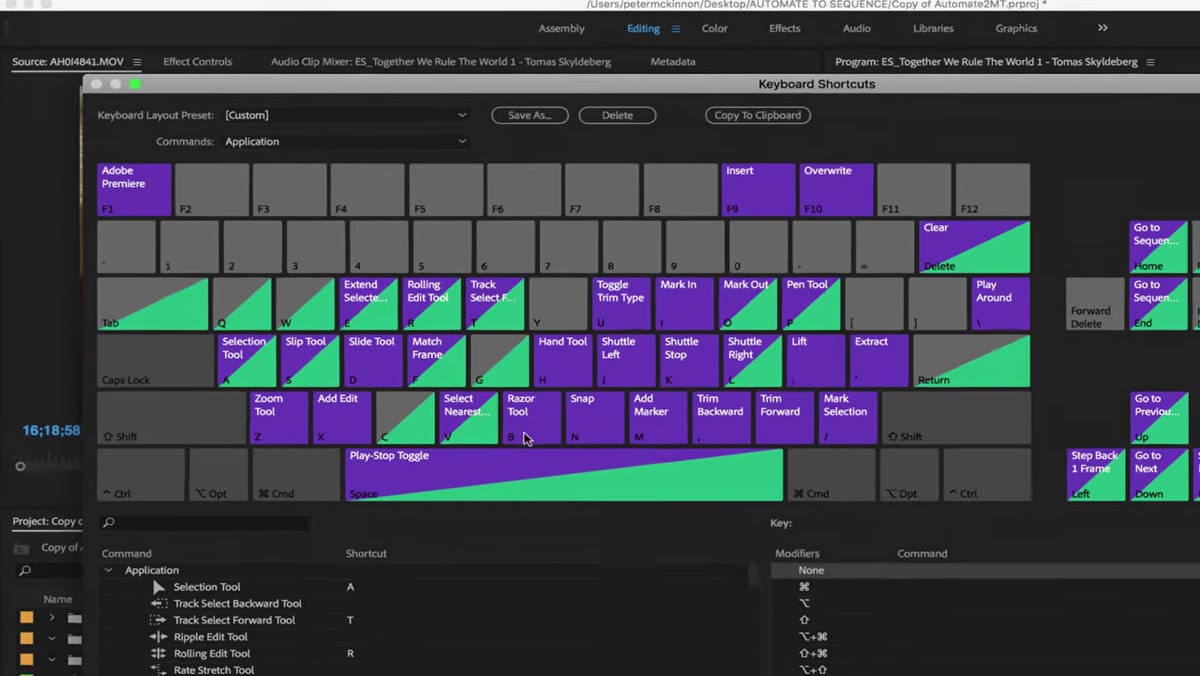 Keyboard Shortcuts panel with M key assigned to Add Marker