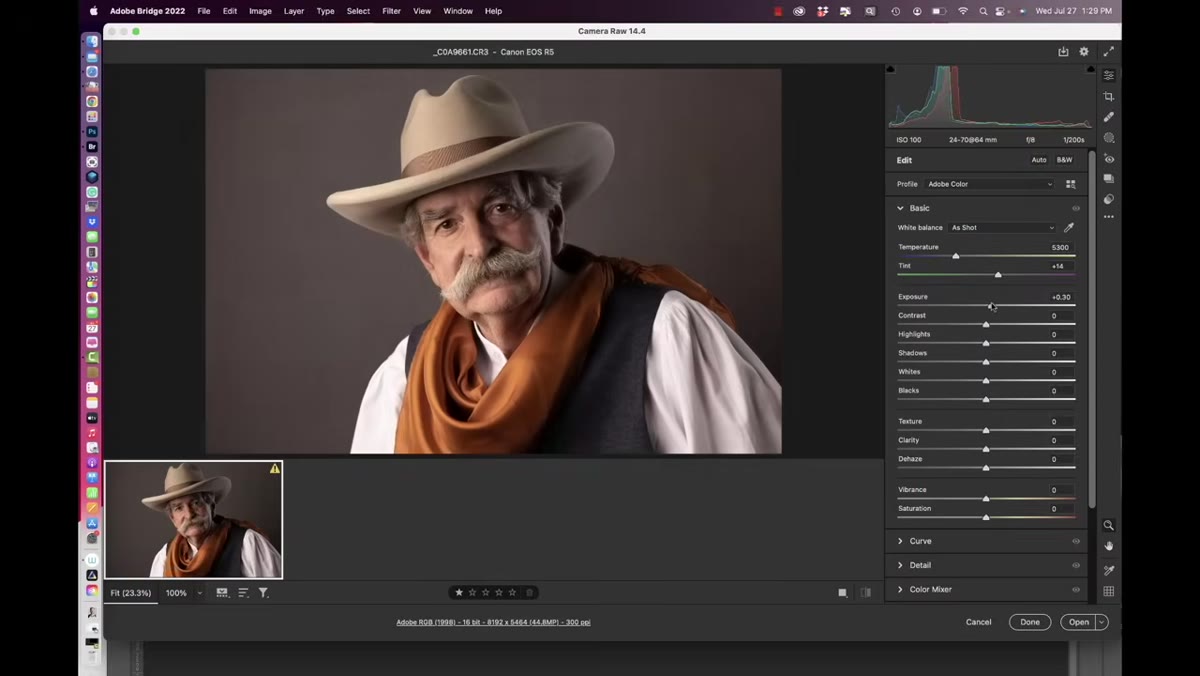 Exposure slider being increased in the basic panel
