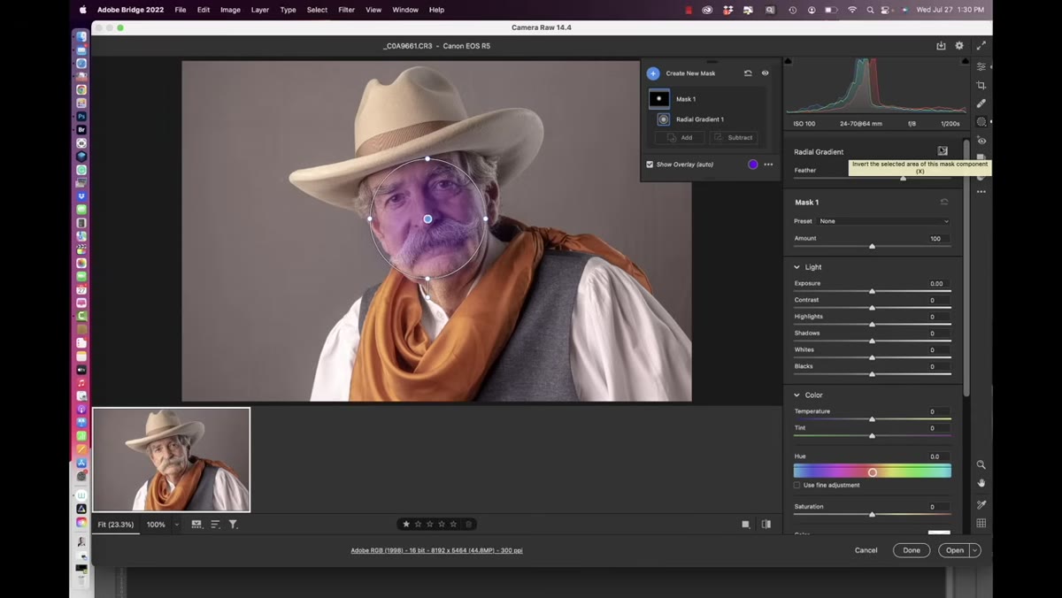 Masking panel open with subject mask selected