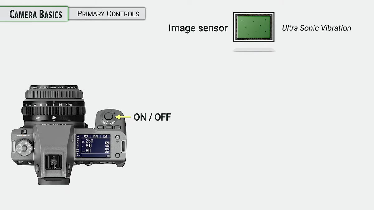 Camera being powered on with sensor cleaning notification visible