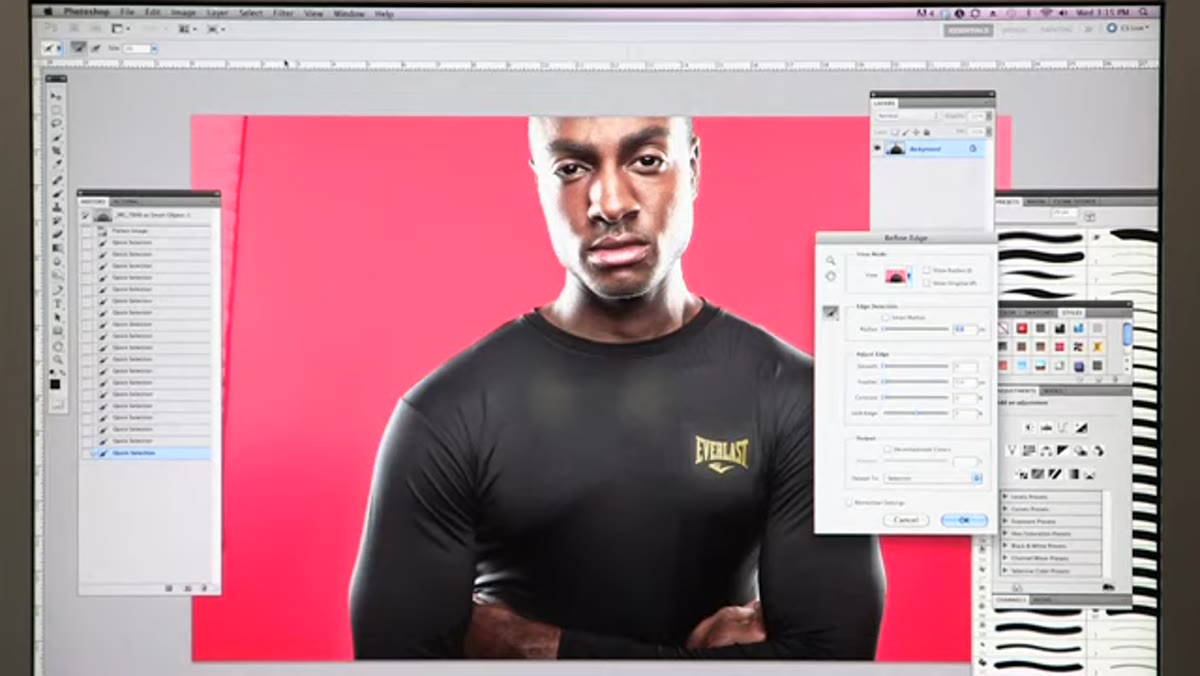 Refine Edge tool open with red mask overlay visible