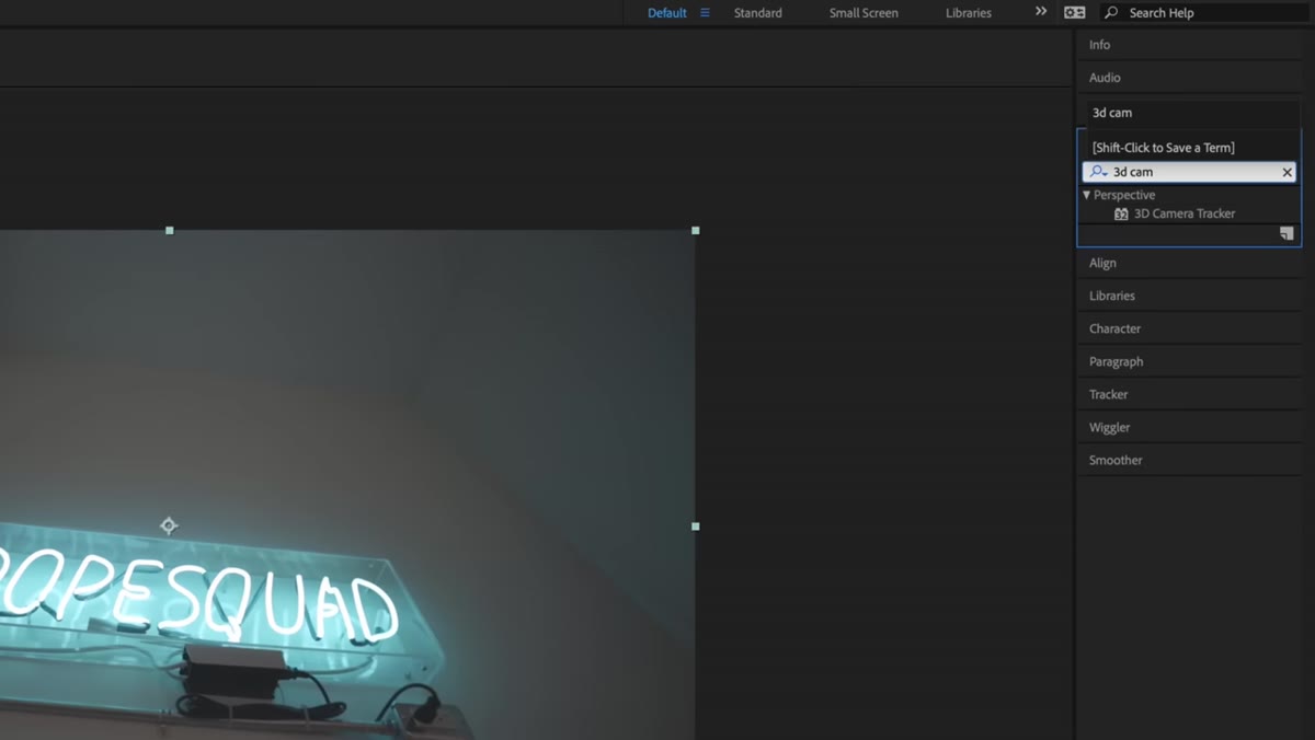 Effects and Presets panel with &ldquo;3D Camera Tracker&rdquo; typed in the search bar