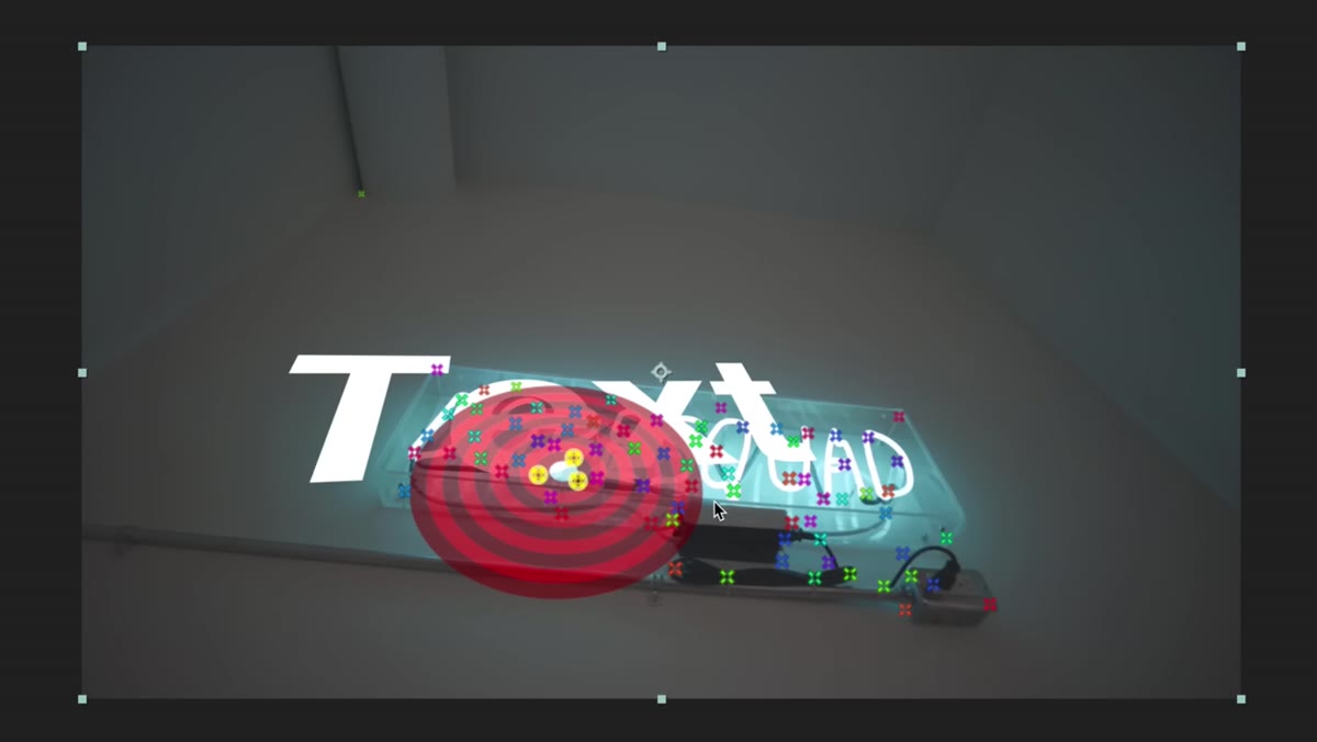Composition panel showing text tracked onto a surface, moving with the scene