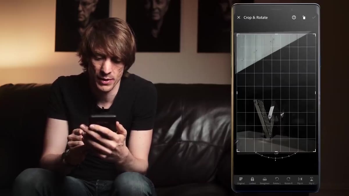 Crop and rotation tool active, image being straightened
