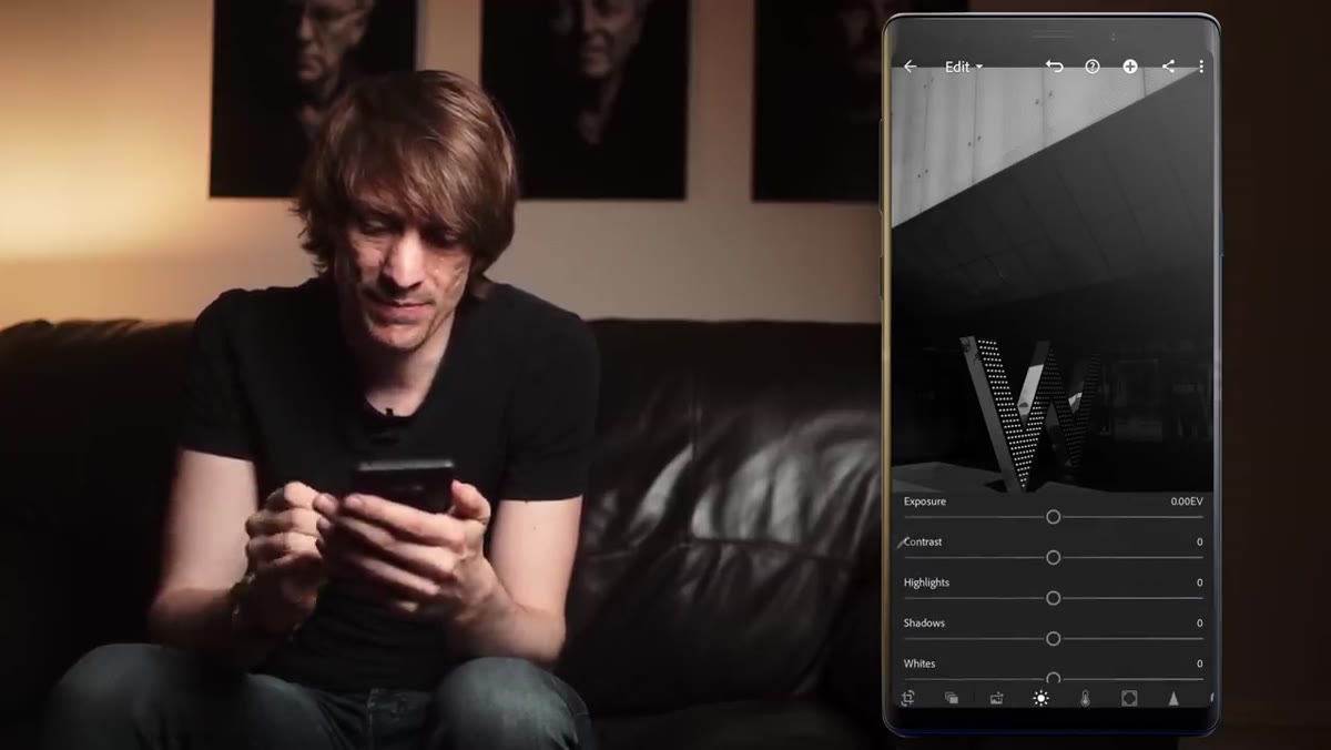 Exposure panel open, highlights and shadows sliders being adjusted