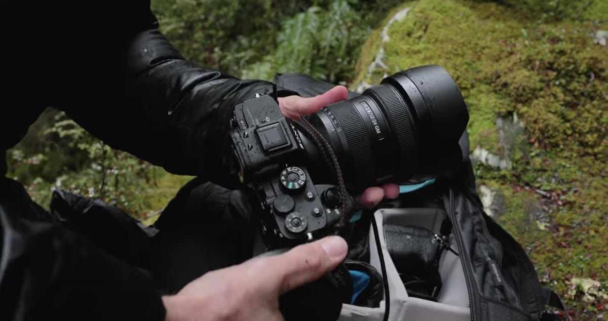 Ultra-wide lens mounted on camera, preparing for creek-level compositions