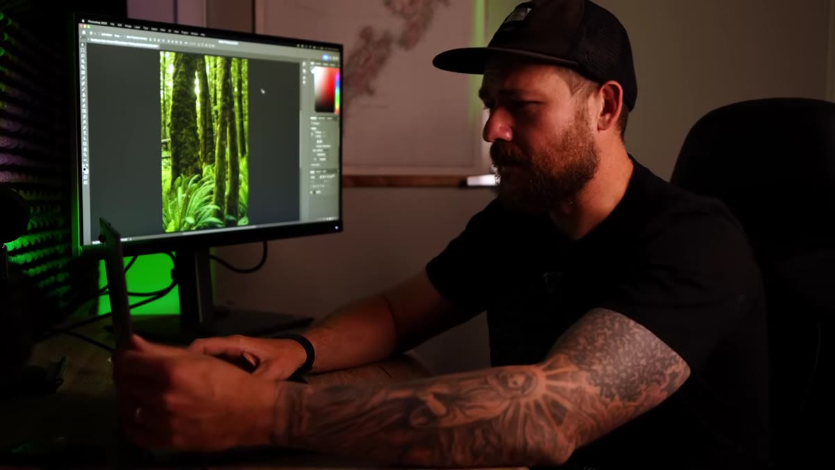 Focus-stacked forest scene open in Photoshop