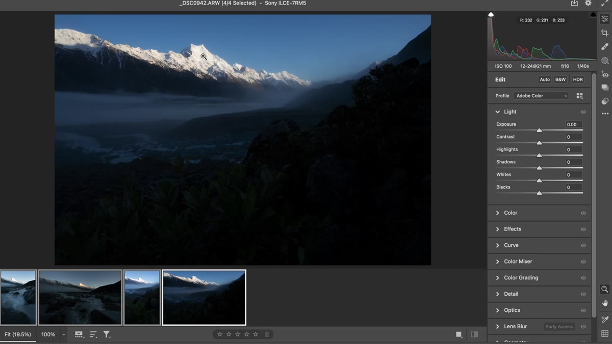 Lightroom RAW file showing bright snow highlights and dark foreground shadow detail