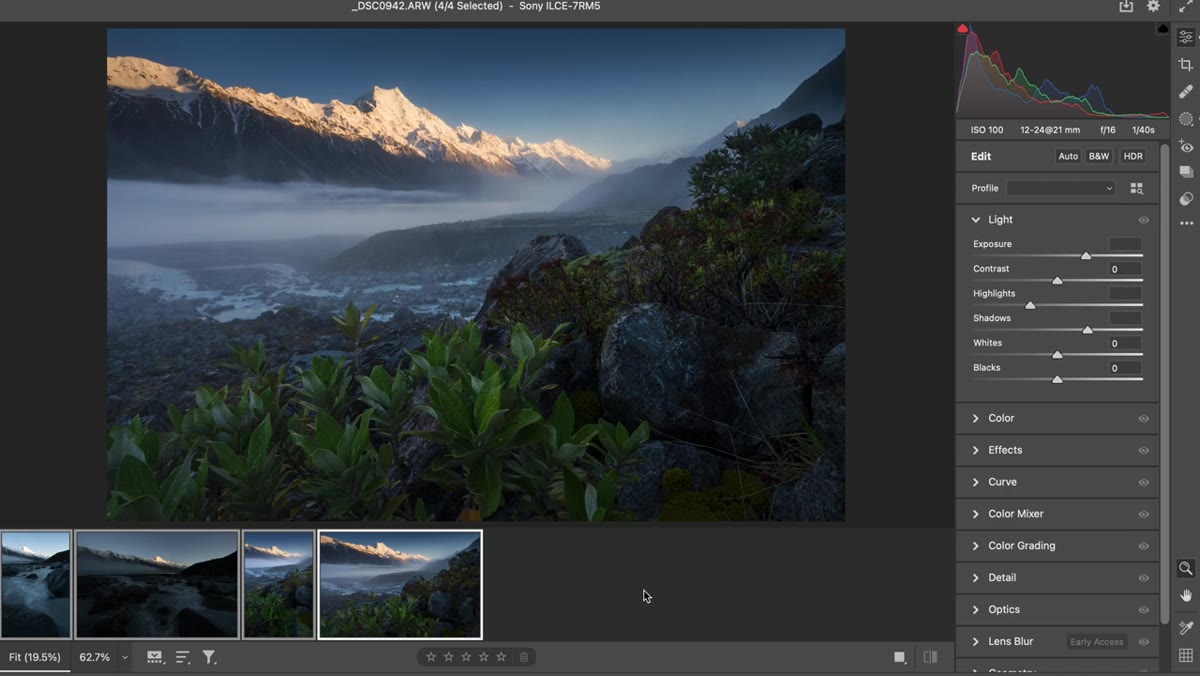 Lightroom showing single RAW with soft background despite F16 aperture setting