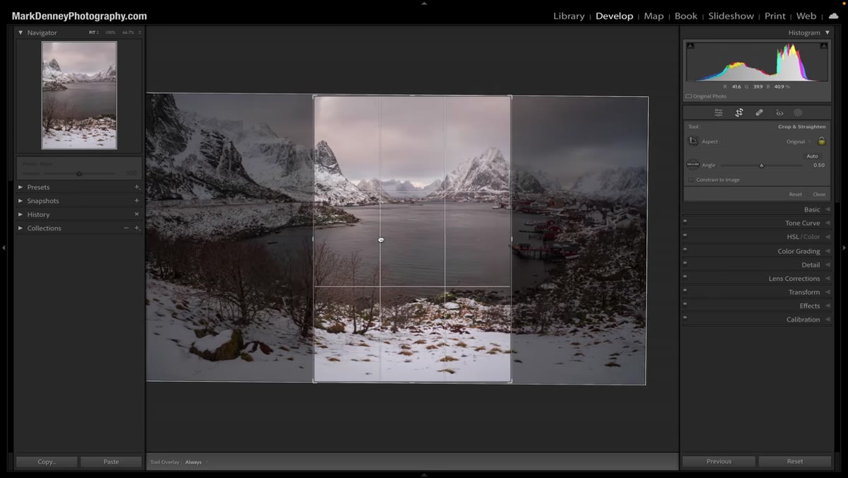 Lightroom crop tool being used to simulate portrait crop on landscape image