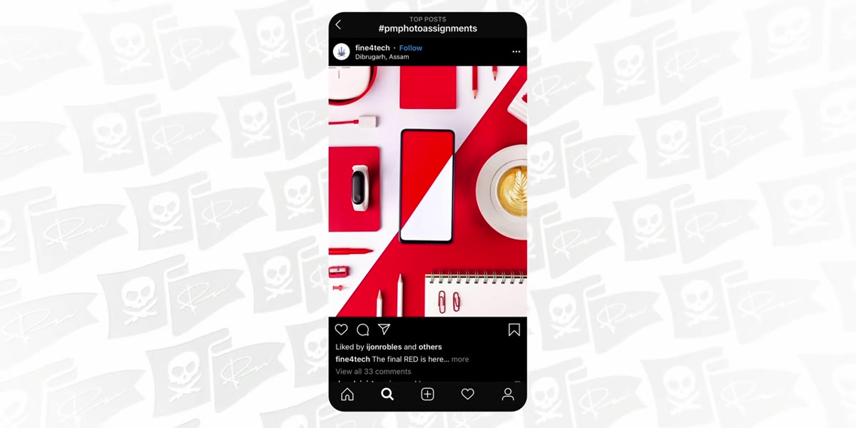 Flat lay photo of coffee, thumbtack, and phone with red and white elements