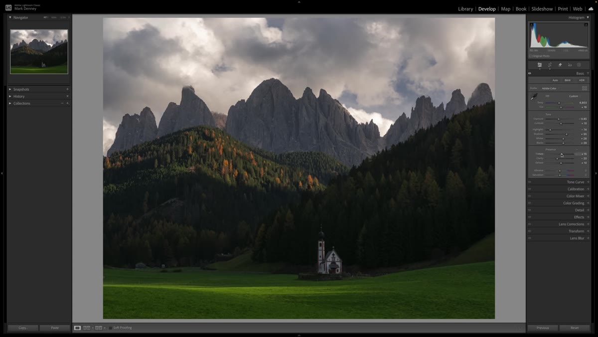 Highlights, shadows, whites, blacks sliders being adjusted in Lightroom