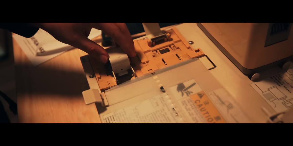 Technician trimming the film leader and inserting the leader card